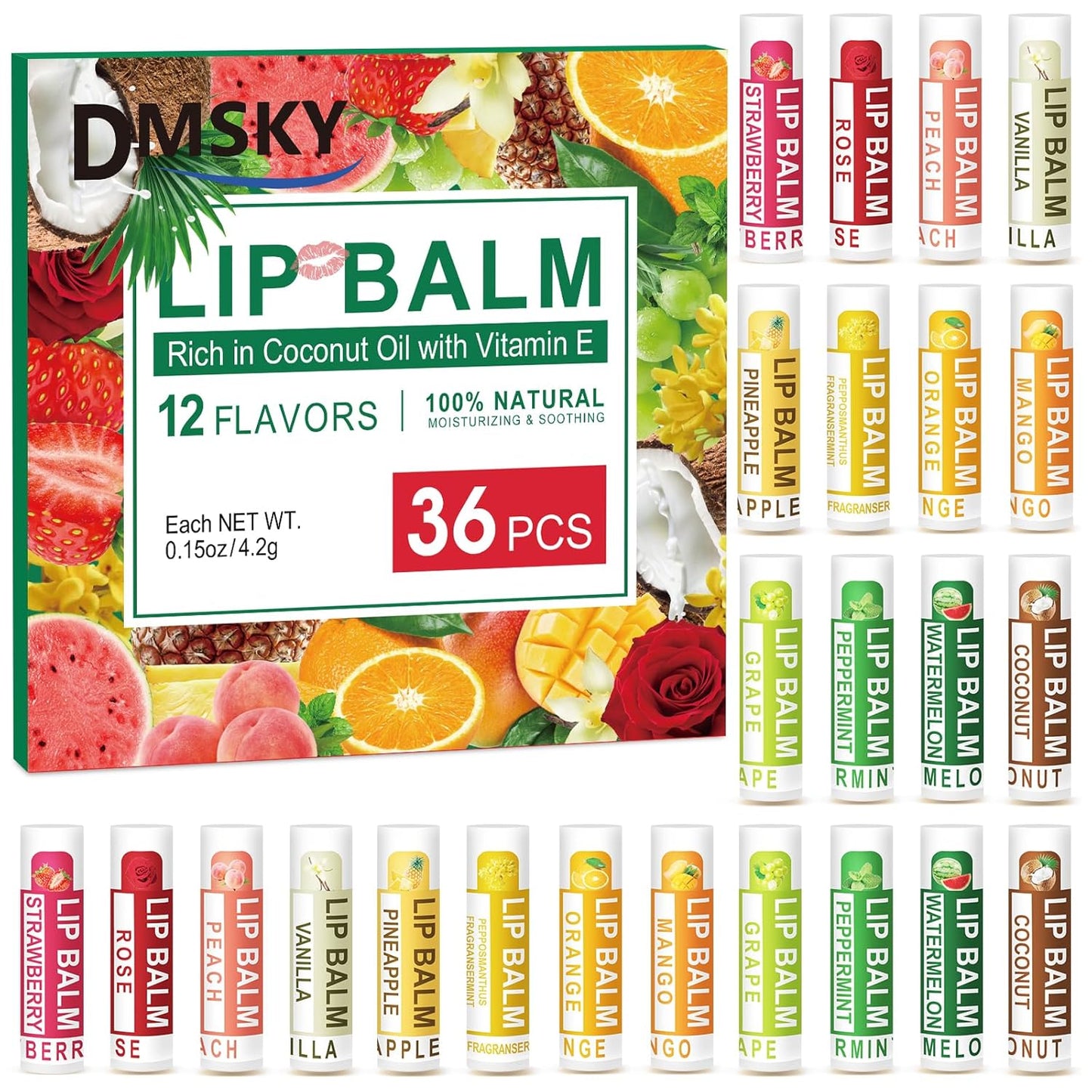 DMSKY Natural Lip Balm Bulk 36 Pack, Moisturizing Lip Balm with Vitamin E and Coconut Oil, Lip Care Product for Chapped Lips-12 Flavors