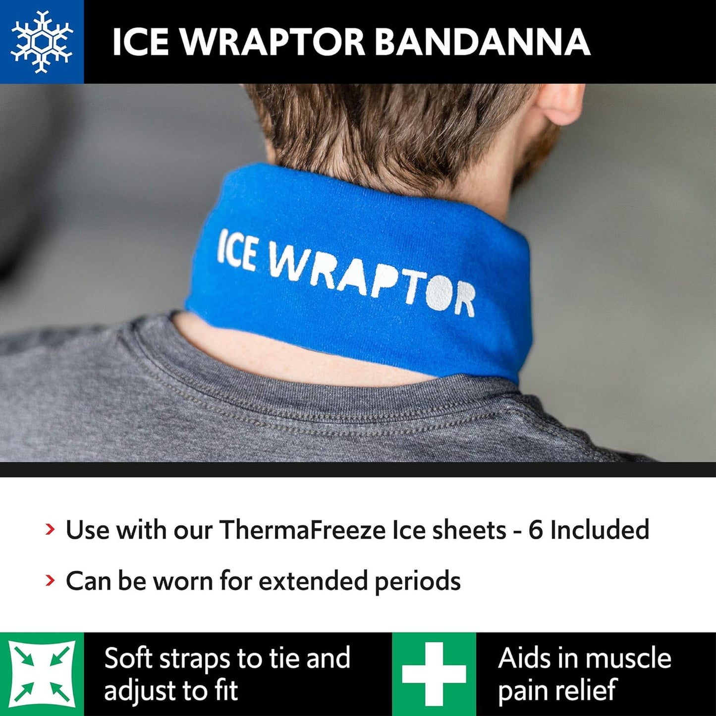 Ice Wraptor Bandana + 6 inserts:Just Add Water & freeze. Keep Neck, Head, oints Cool. Portable Ice Therapy for Pain Relief.Adjustable, Lightweight Comfortable- w/ 6 2.5"x15" Reusable Cryosheet Inserts
