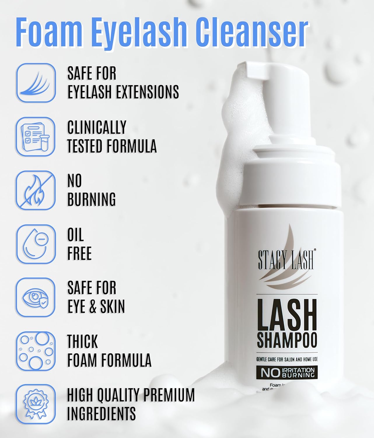 STACY LASH Eyelash Extension Shampoo + Brush / 1.69 fl.oz / 50ml / Eyelid Foaming Cleanser/Wash for Extensions & Natural Lashes/Safe Makeup Remover/Supplies for Professional & Home Use