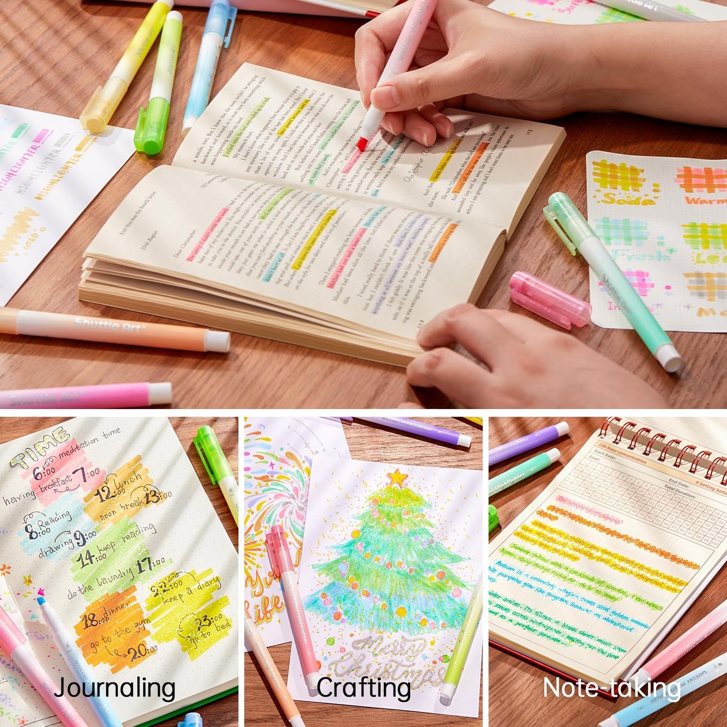 Glitter Highlighters, Shuttle Art 10 Sparkle Colors Chisel Tip Fluorescent Markers, Quick-Dry Non-Toxic Aesthetic Shimmer Highlighter Pens for Kids Teens Adults, Perfect for School Office Art Supplies