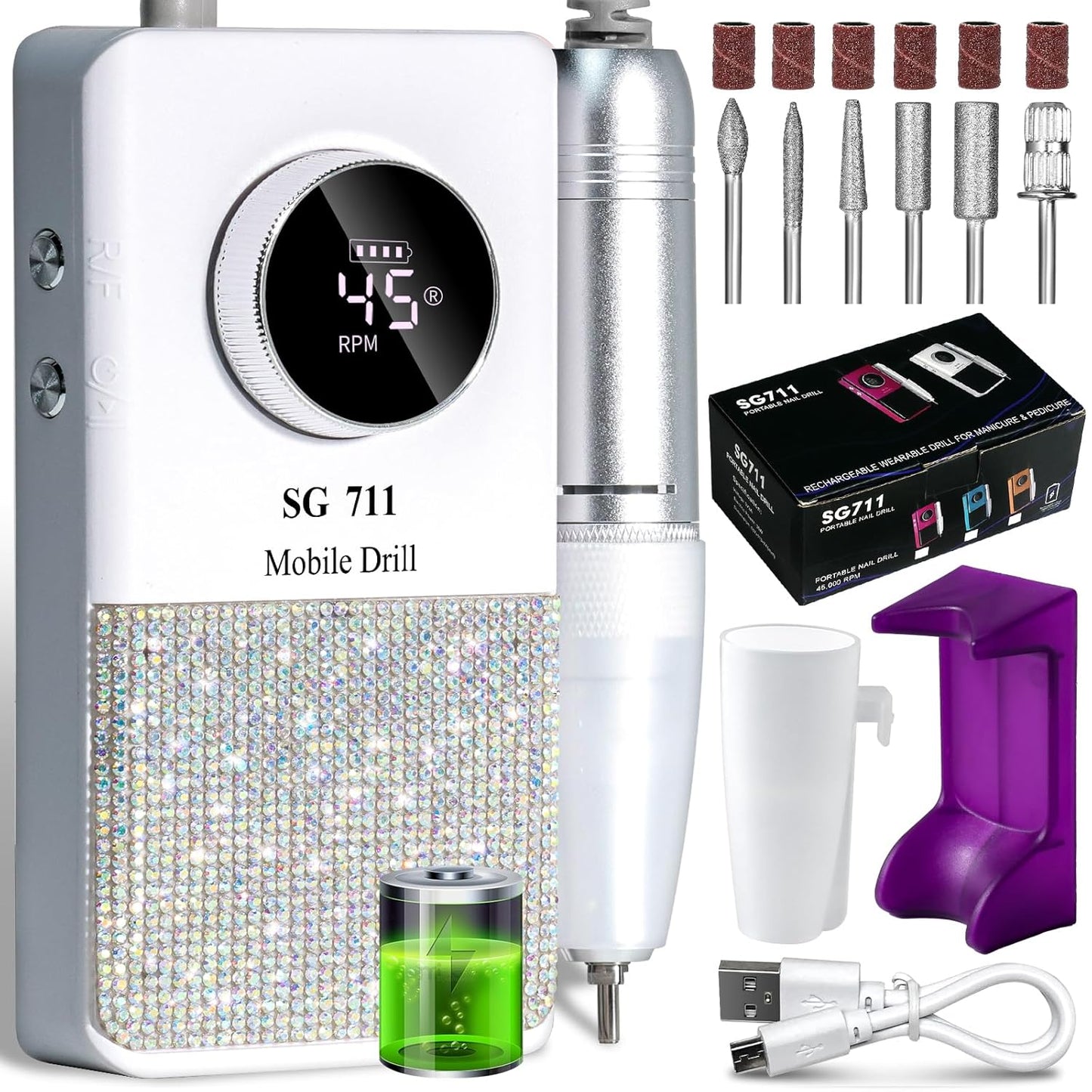 Professional Electric Cordless Nail Drill File:Glitter Portable Cordless E-File Nail Drill Kit with13 Drill Bits 45000RPM Rechargeable Nail Drills Machine for Acrylic Nails Gel Polishing (White)