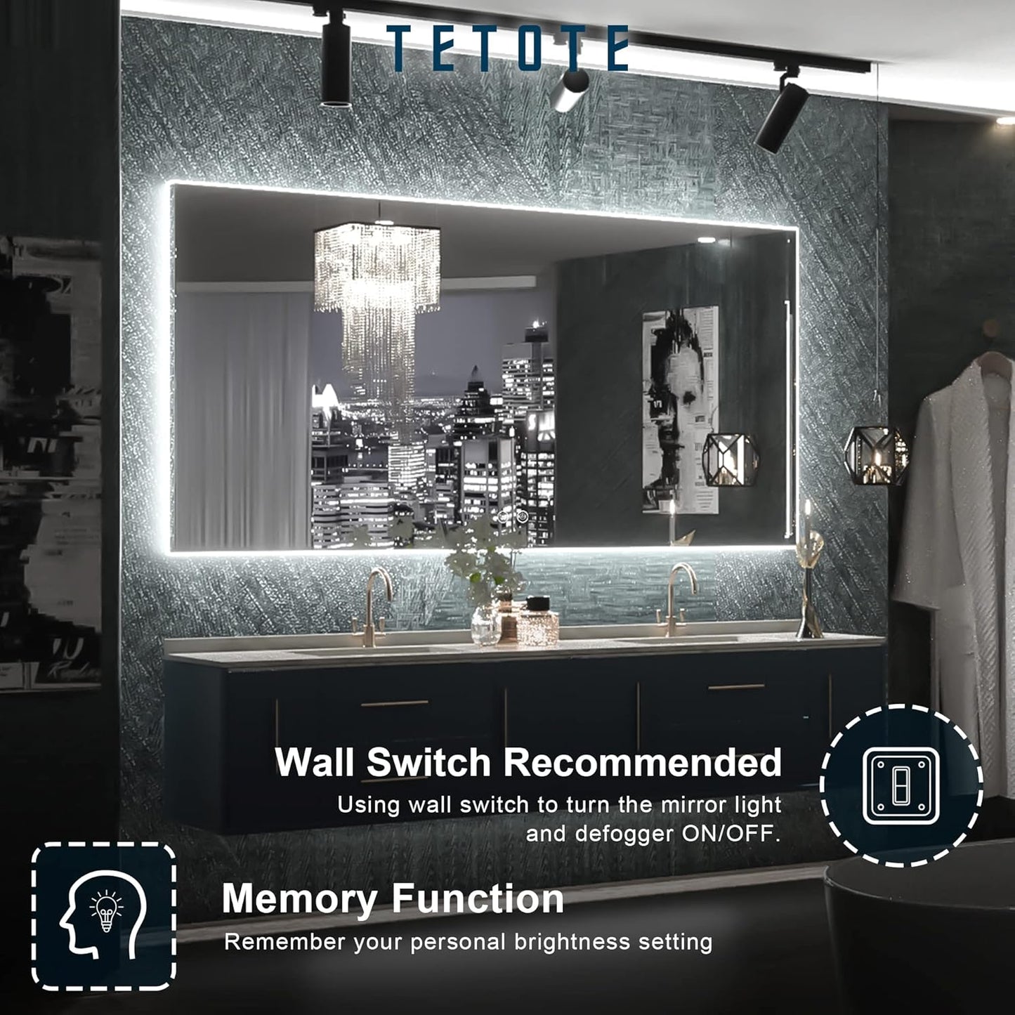 TETOTE 48 x 24 Inch LED Backlit Mirror Bathroom with Light,Anti-Fog,Dimmable,CRI90+,Makeup Vanity Mirror,Lighted Mirror(Horizontal/Vertical)