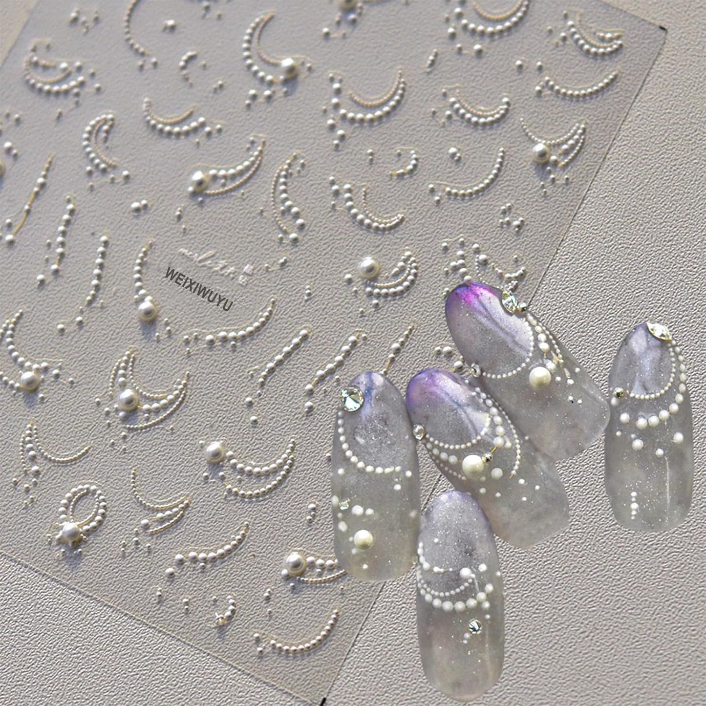 White French Tips Pearls Nail Art Stickers 5D Embossed Romantic Nail Stickers Line Nail Decals Design Nail Accessories for Women Valentine's Day Nail Art Decoration