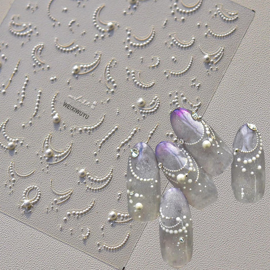 White French Tips Pearls Nail Art Stickers 5D Embossed Romantic Nail Stickers Line Nail Decals Design Nail Accessories for Women Valentine's Day Nail Art Decoration