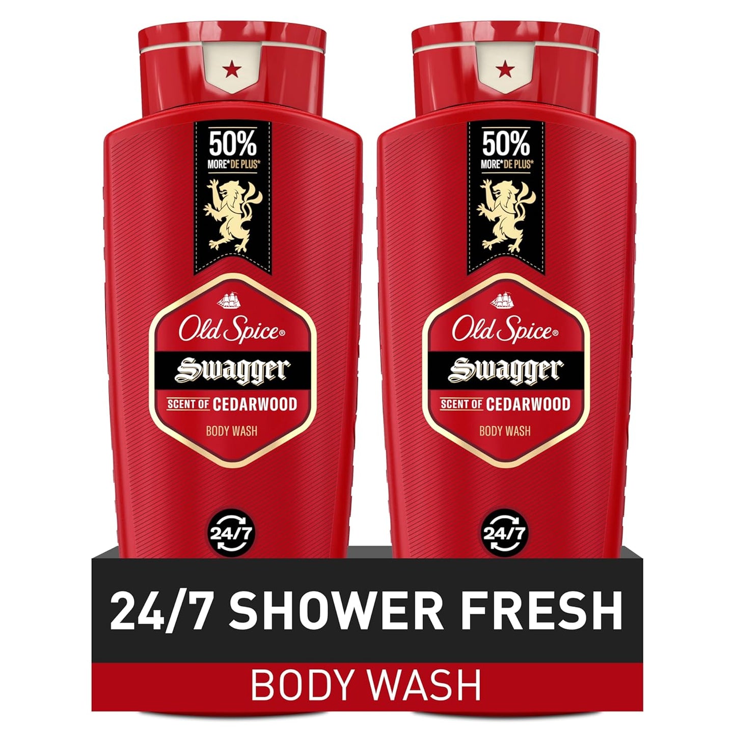 Old Spice Refreshing Body Wash for Men, 3X Defense, 24/7 Shower Fresh with Long Lasting Scent, Red Collection, Swagger with Cedarwood Scent, 24 oz (Pack of 2)