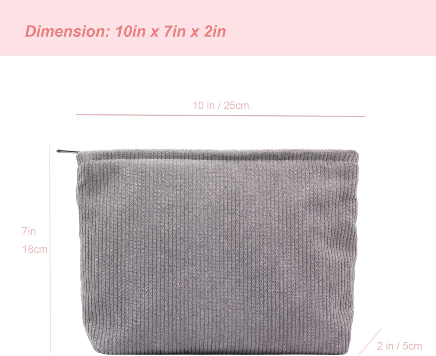 PAZIMIIK Makeup Bag Large Zipper Corduroy Make Up Pouch for Purse Travel Canvas Cosmetic Organizer for Women Brush Storage,Grey