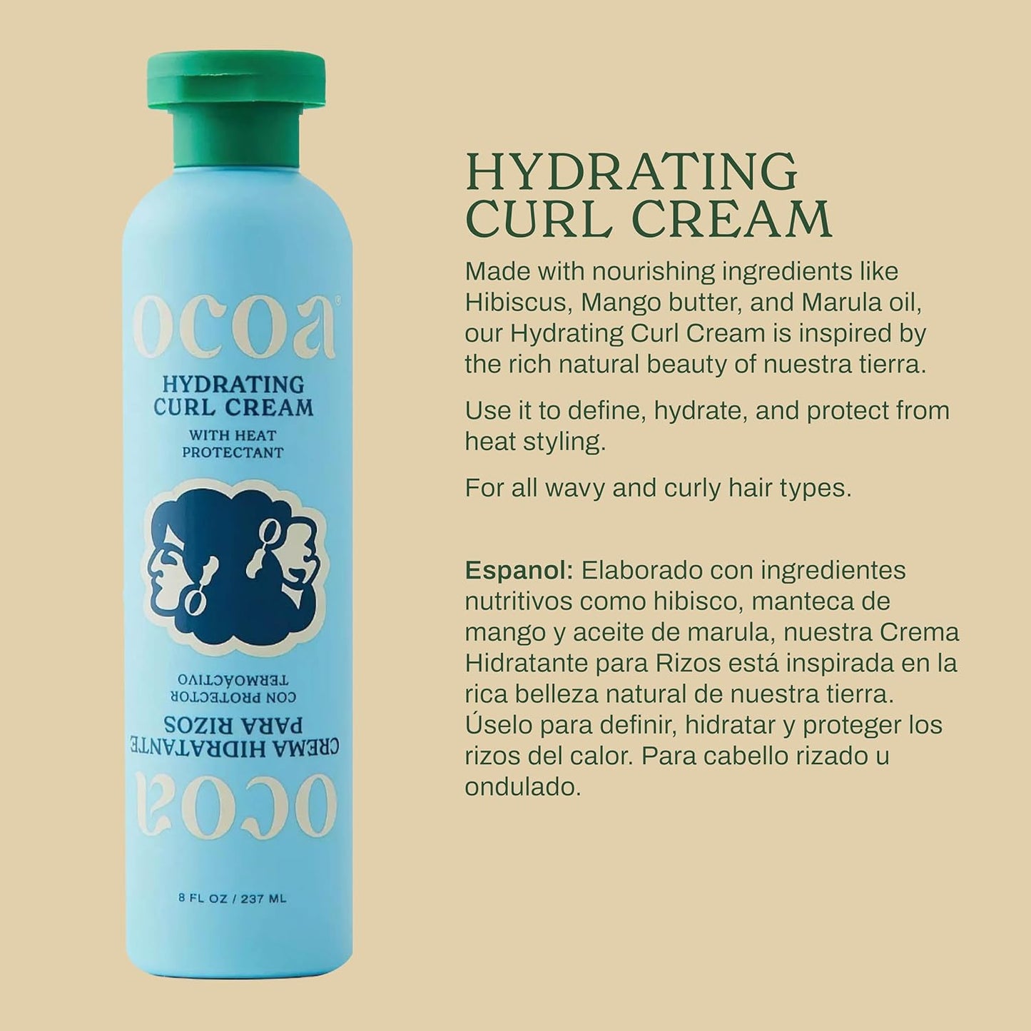 OCOA Beauty Hydrating Curl Cream with Hibiscus, Mango Butter, and Marula Oil - Defines, Moisturizes, Controls Frizz & Protects from Heat - For Curly & Wavy Hair, 8 oz