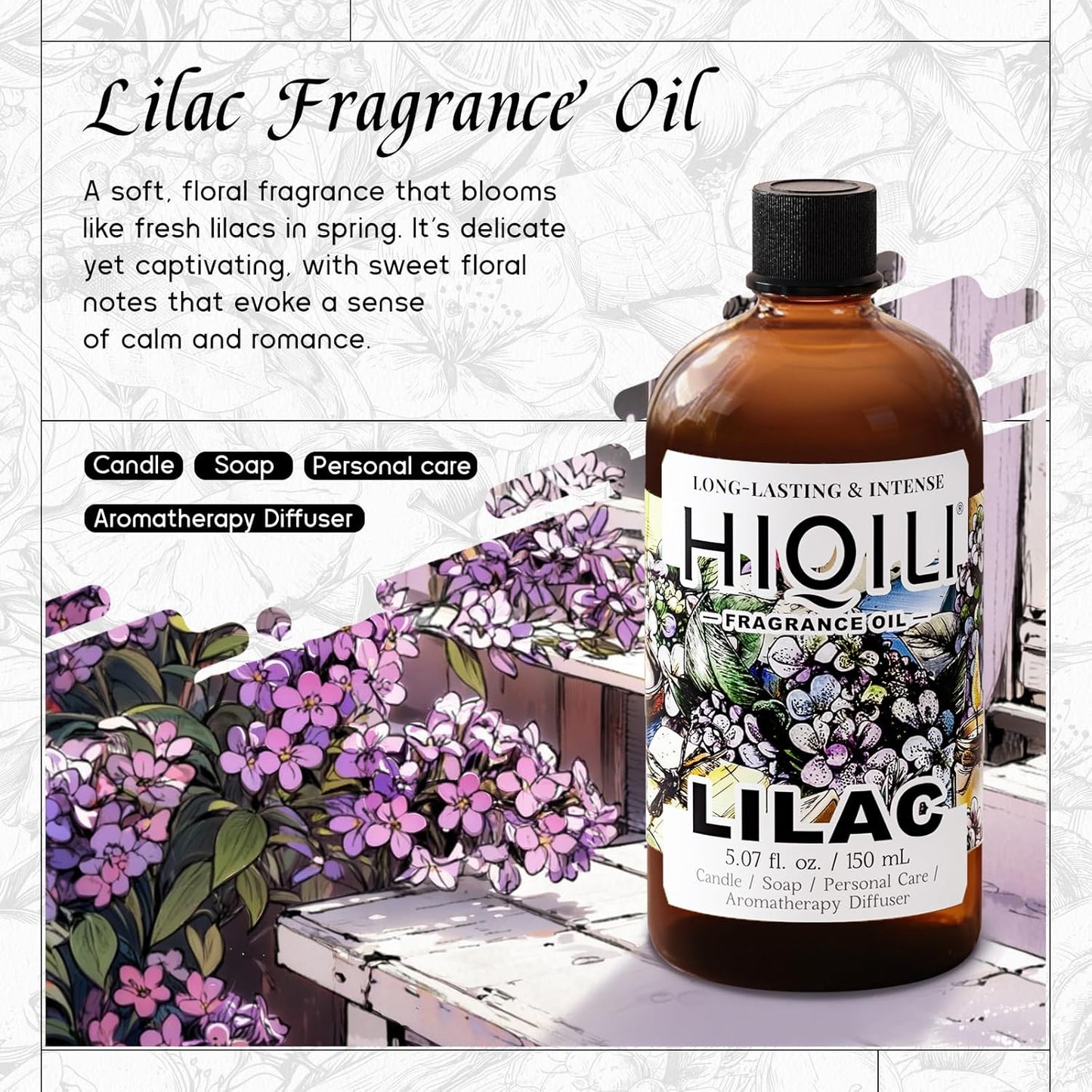 HIQILI Lilac Fragrance Oil for DIY Perfume, Candle & Soap Making, Soft Floral Scents for Essential Oils Diffuser - 5.07 Fl Oz