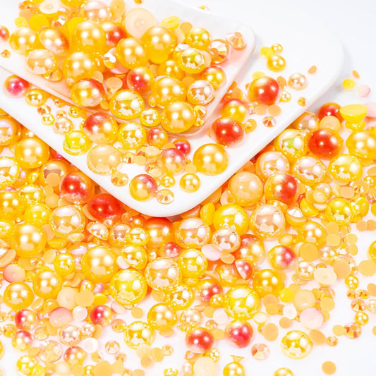 60g Orange Sun Magic Flat Flat Back Pearls Rhinestones for Crafts Mixed Size 3mm-10mm AB Color Round Half Pearls Flatback Pearl Beads and Resin Rhinestones Set for Face Art with Glue
