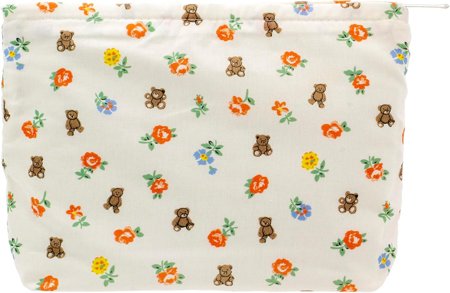 PAZIMIIK Floral Makeup Bag Large Cotton Zipper Pouch for Purse Travel Canvas Make Up Organizer for Women Cosmetic,Flower Bear White