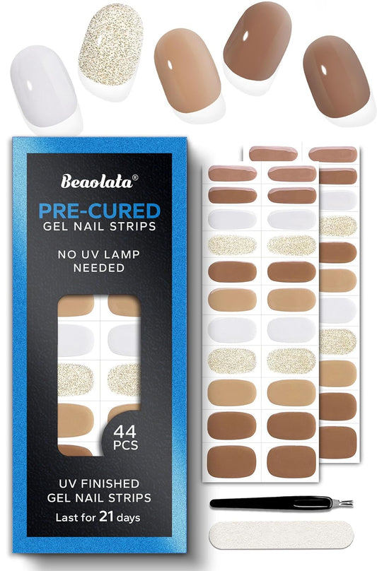 Pre Cured Gel Nail Strips - 44PCS Salon Quality Gel Nail Stickers - Long Lasting Polish Wraps for Women no UV Light Needed Easy Apply& Remove (Cinnamon Brown）