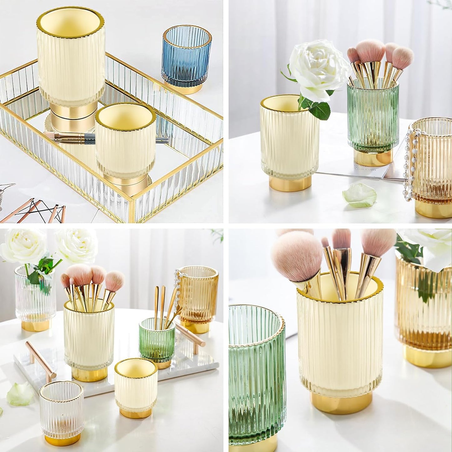 DASITON Makeup Brush holder Organizer,Crystal Cosmetic Makeup Brush Glass Brushes Storage Holder, Vintage Make Up Brush Cup Pen Pencil Holder striped vase(Cream L)