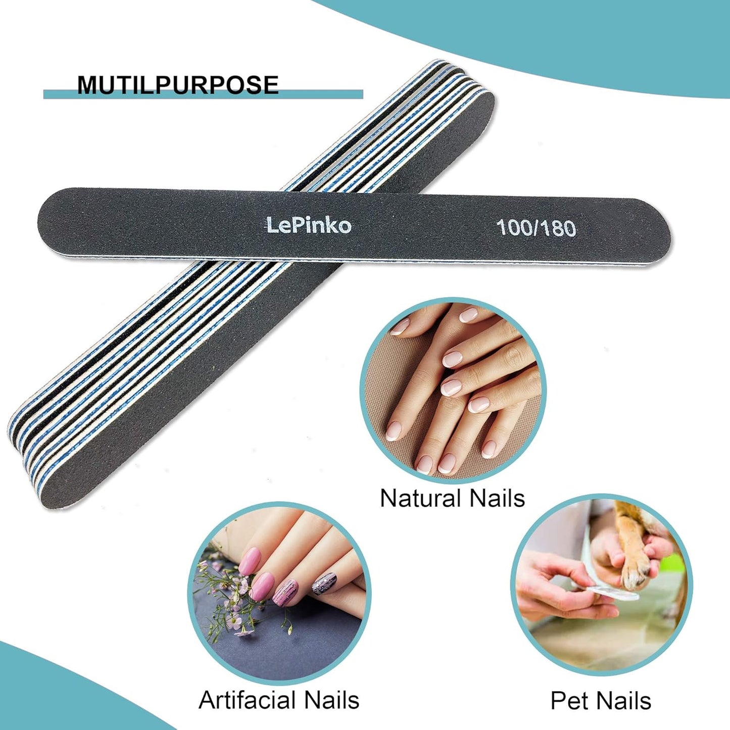 10PCS Double Sided 100/180 Grit Nail File Set, Washable Emery Board Nail Buffer Files for Home Salon Use, Professional Manicure Pedicure Tool for Acrylic False Nails and Gel Cosmetic