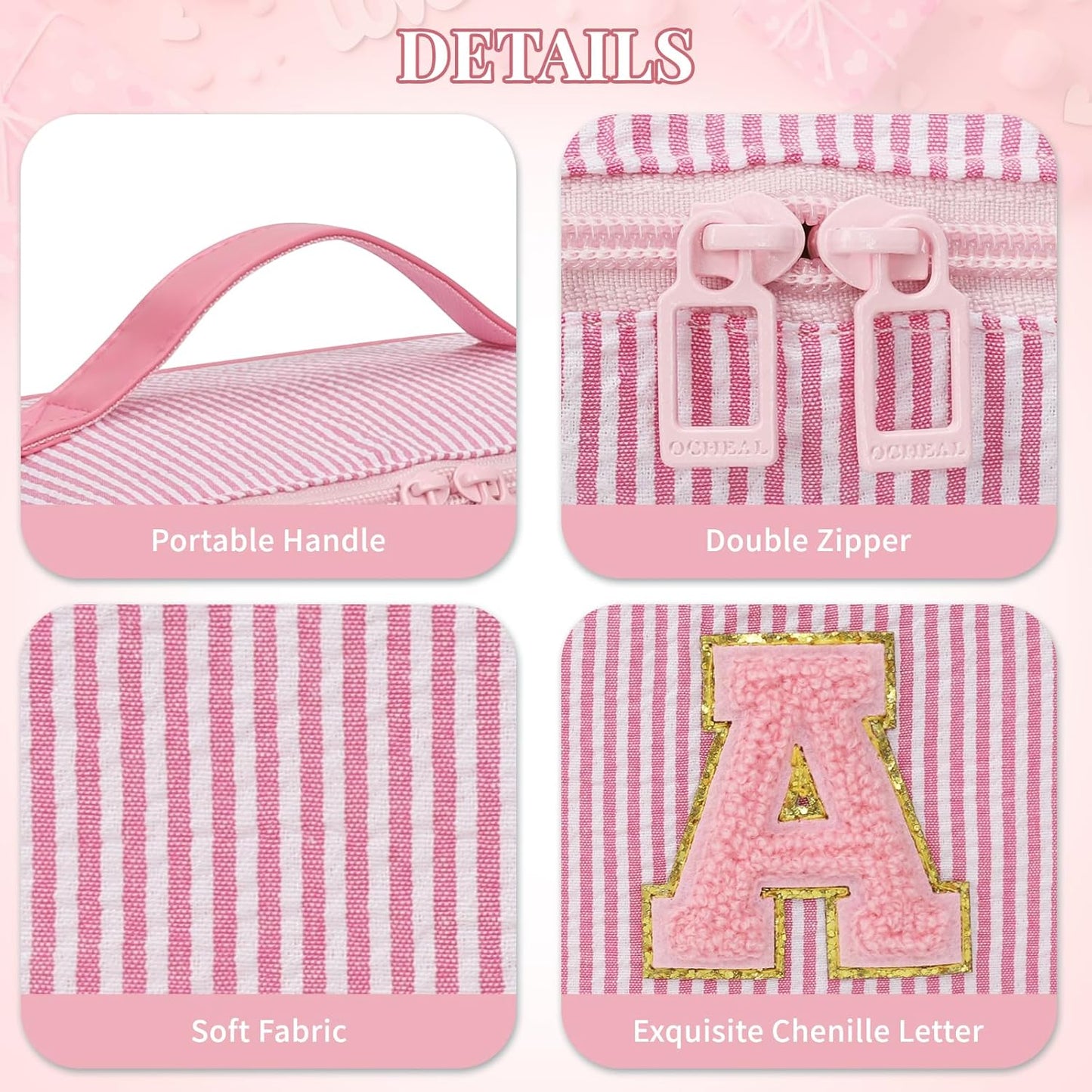 Travel Makeup Bag for Women, 2Pcs Portable Personalized Initial Makeup Organizer Bag, Open Flat Large Cosmetic Bag With Travel Essential Pouch (Pink Letter Q)