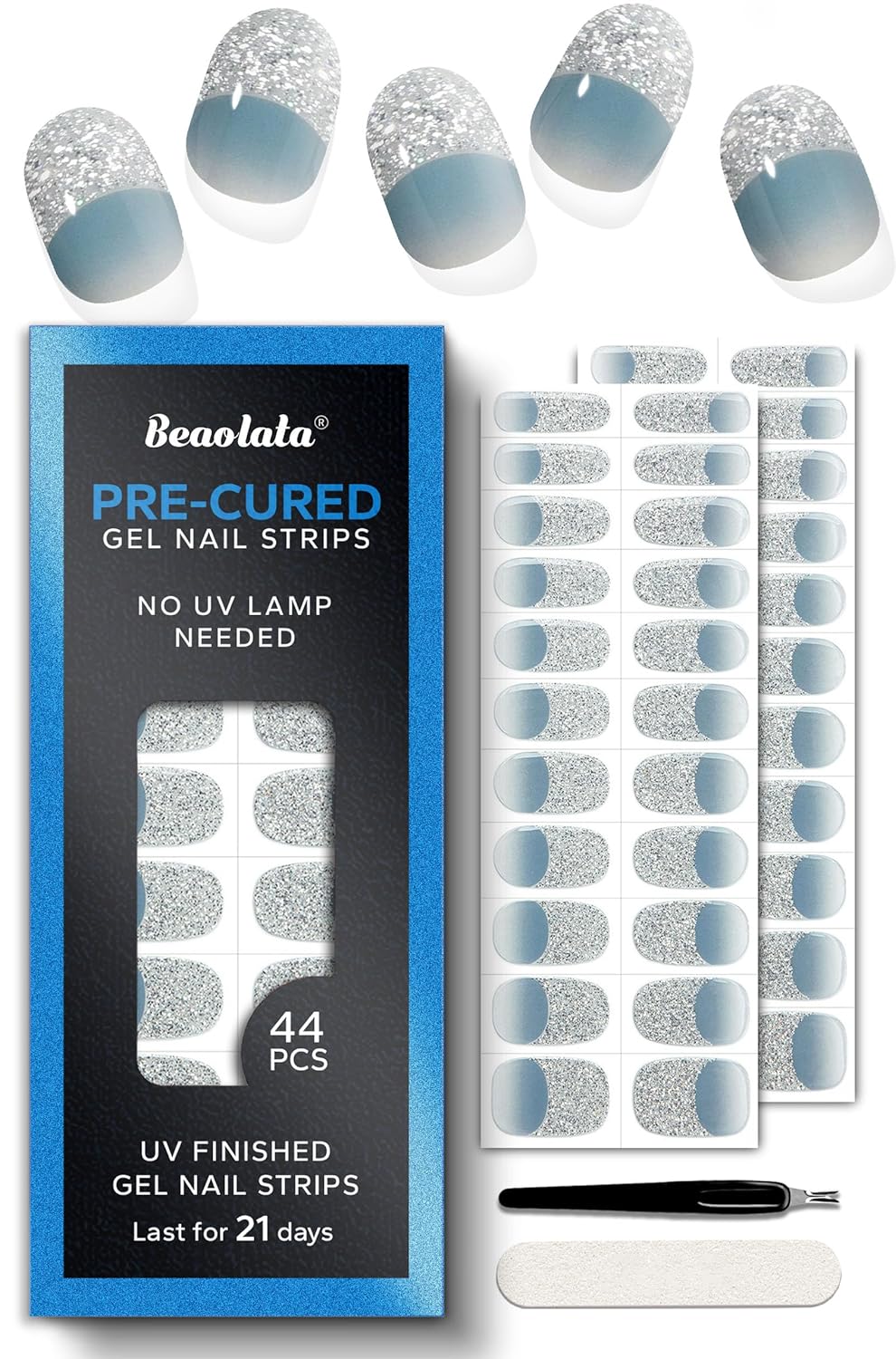 Pre Cured Gel Nail Strips - 44PCS Salon Quality Gel Nail Stickers - Long Lasting Polish Wraps for Women no UV Light Needed Easy Apply& Remove (Dreamy Blue）