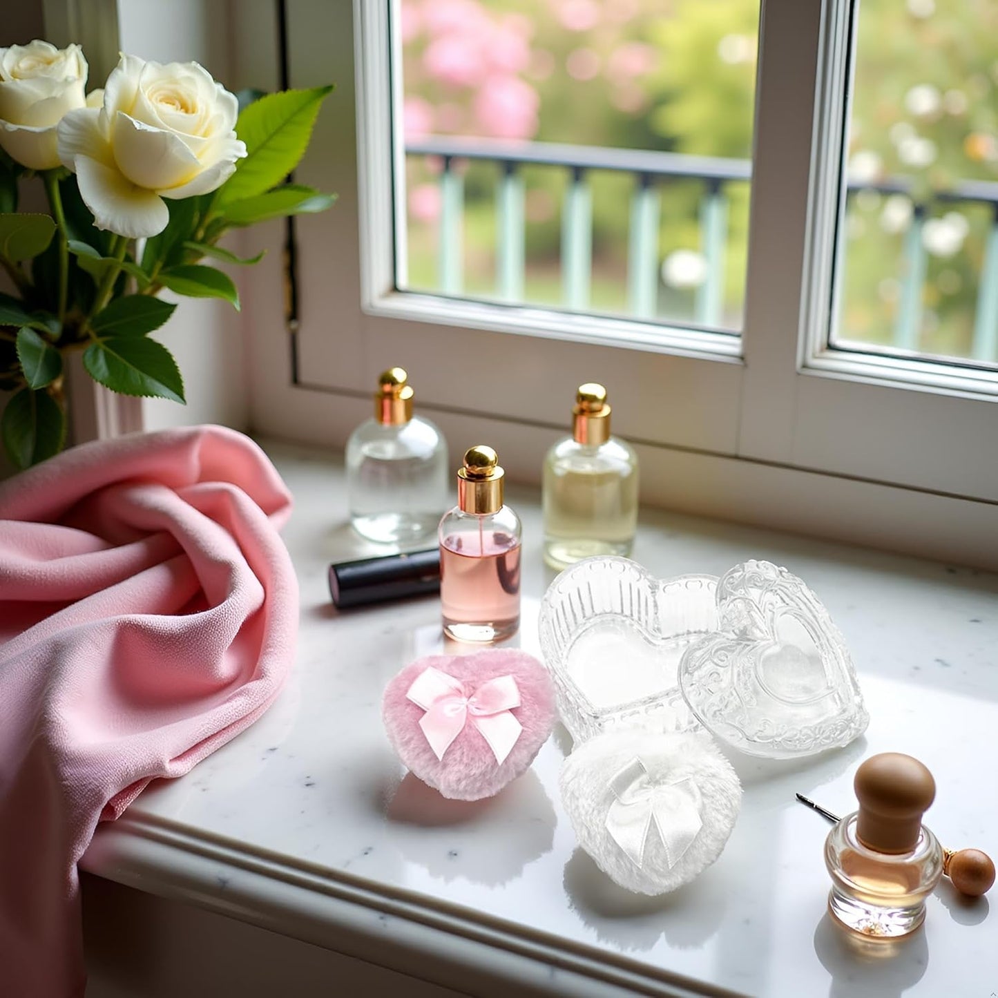 Body Powder Puff and Container - Glass Heart Dusting Powder Container with 2 Soft Puffs – Vintage Powder Puff Case for Women & Girls-GRB007-Transparent