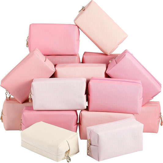 Kigeli 15 Pcs Aesthetic Makeup Bags PU Leather Cosmetic Pouches Waterproof Plain Toiletry Bags Makeup Pouches Bulk for Women Party Gift Travel Storage Organizer(Pink Series)