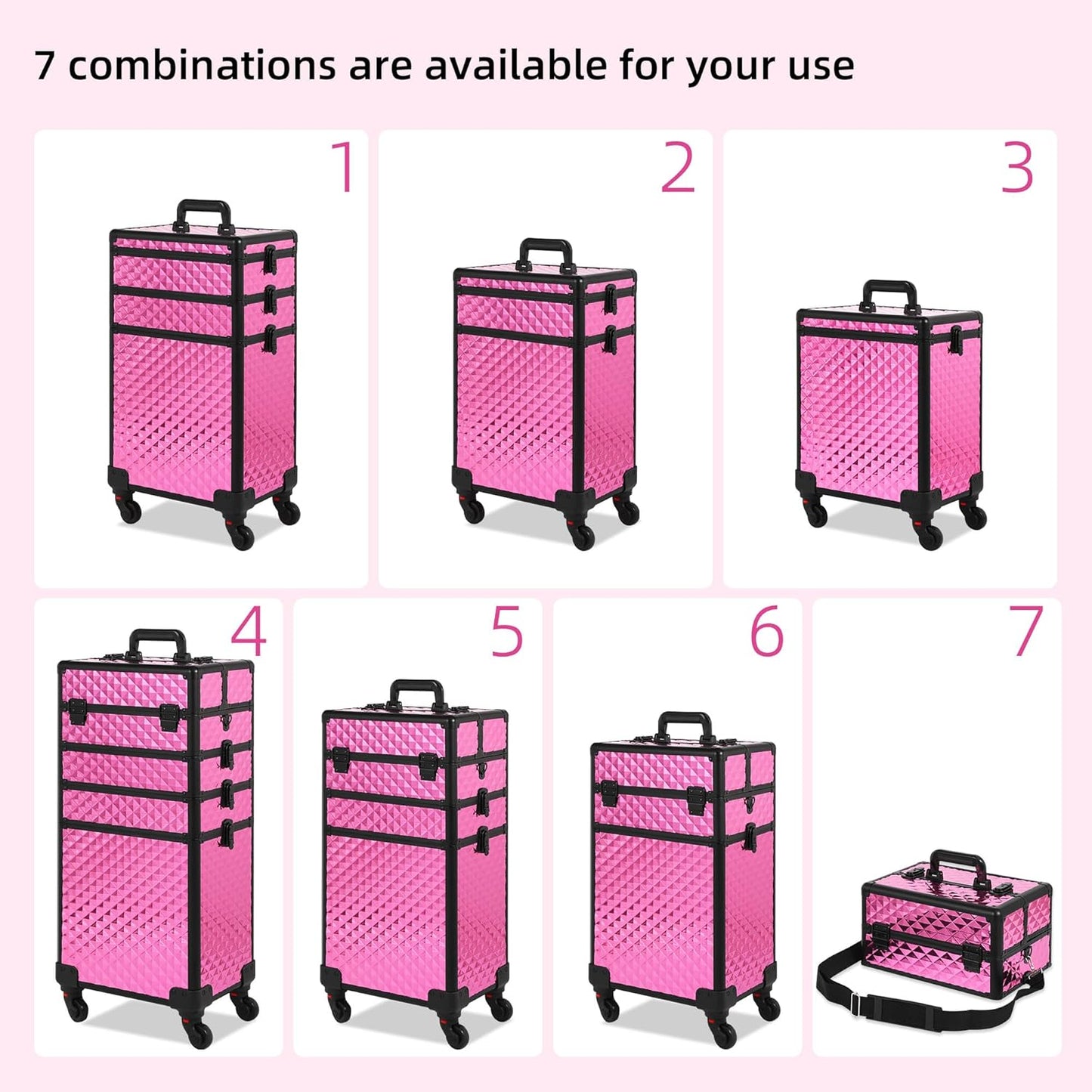 Rolling Makeup Case, Makeup Train Case with Lid, 5 in 1 Cosmetology Case on Wheels, Christmas Gift, Large Makeup Organizers, Profesional Cosmetic Case for Salon Barber, Rose Red