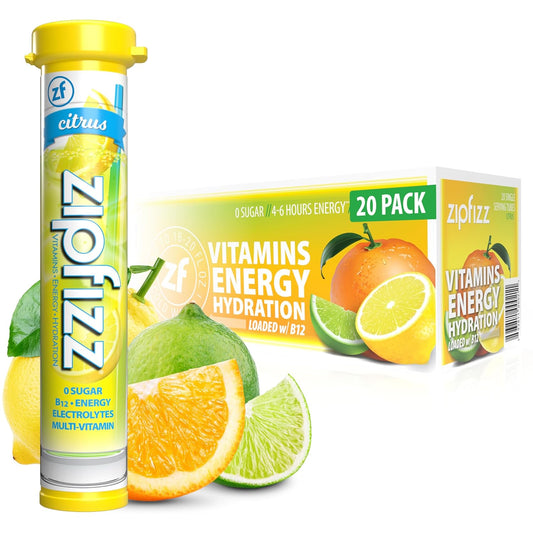 Zipfizz Daily Energy Drink Powder, Citrus, 20 Pack, 3-in-1 Sustained Energy, Rapid Hydration, and Essential Vitamins, Sugar-Free, Electrolyte Powder, Contains Vitamin B-12 & Antioxidants