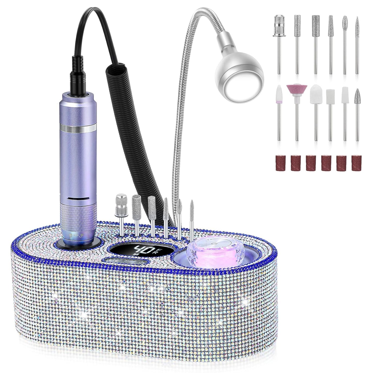 Nail Drill Electric File: DEDNMSCA Sparkly Professional Nail Drill Kit, 40000RPM E-file Machine with USB LED Light and 12 Drill Bits for Acrylic Nail Remove Gel Polish Manicure for Salon Home, Diamond