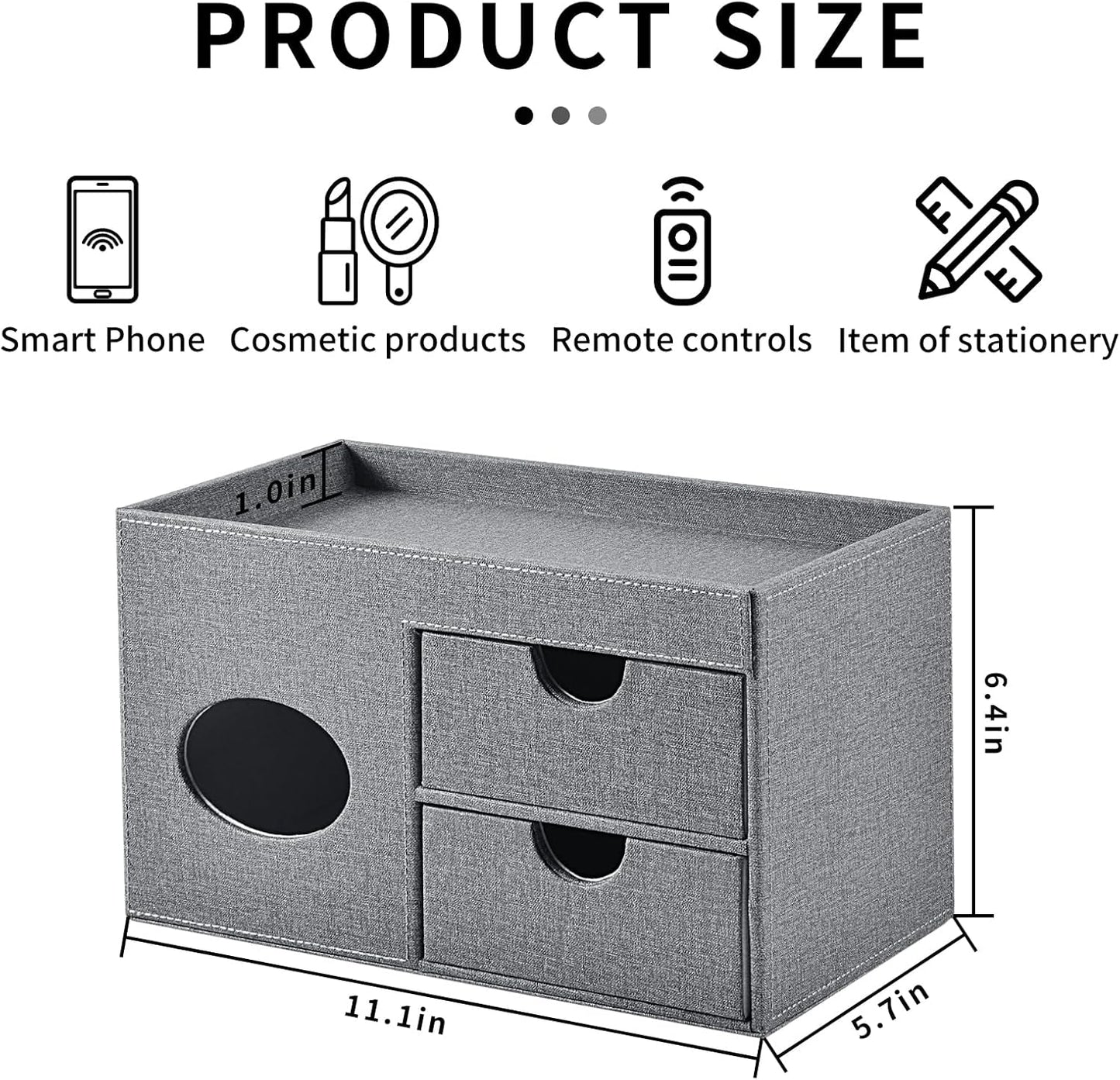 Square Tissue Box Cover with Drawers,Tissue Box Holder with Storage Tray, Makeup Organizer and Desk Organizer,Tissue Holders Decorative for Bathroom Vanity NightStand Dressing Table (Grey)