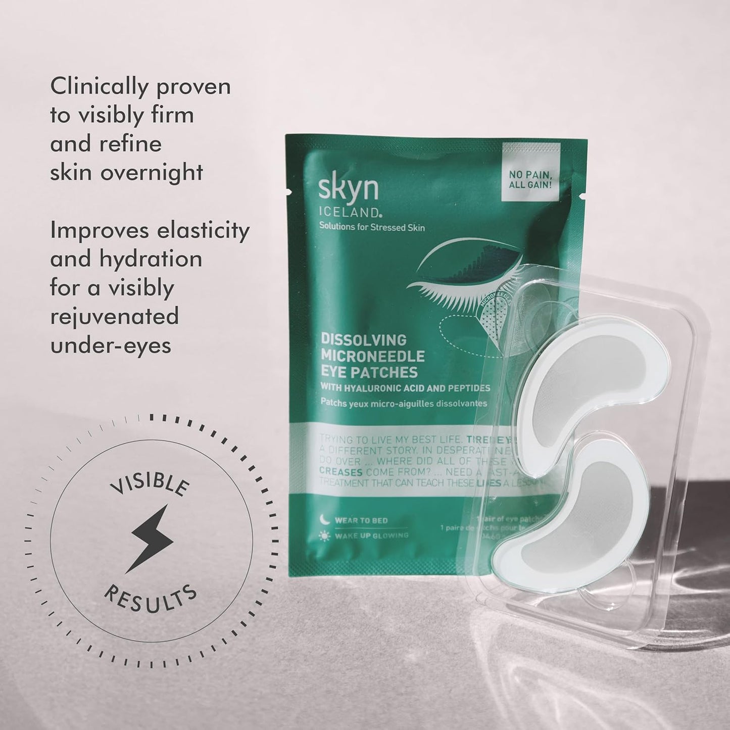 skyn ICELAND Dissolving Microneedle Under Eye Patches with 39% Hyaluronic Acid and Peptides, No Slip Overnight Eye Mask for Fine Lines, Wrinkles and Firming, Vegan, All Skin Types, 1 Pair