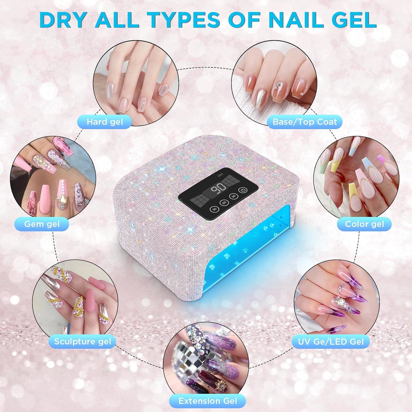 Cordless UV Nail Lamp, Rechargeable UV Light for Gel Nails, LED Nail Lamp with 4 Timer Modes, Gel Nail UV Light Decorate with Sparkling Nail Rhinestones (Sparkly White)