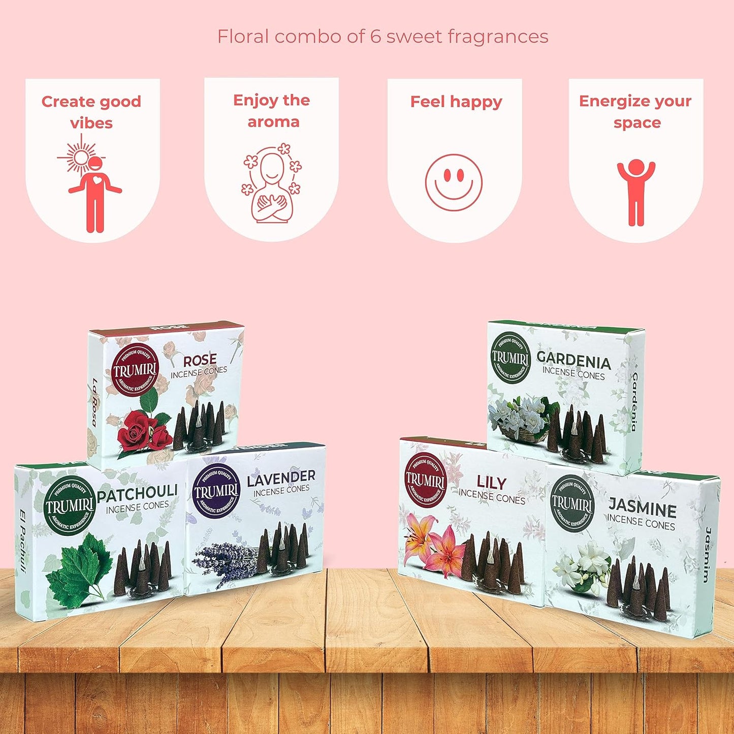 Trumiri Floral Incense Cones - Variety Pack - Total 60 Cone Incense (6 Scents x 10 Conos) - Rose, Lavender, Jasmin, Patchouli, Gardenia, Lily - Cone Incense Scents - Insense Cones - Incent Cone