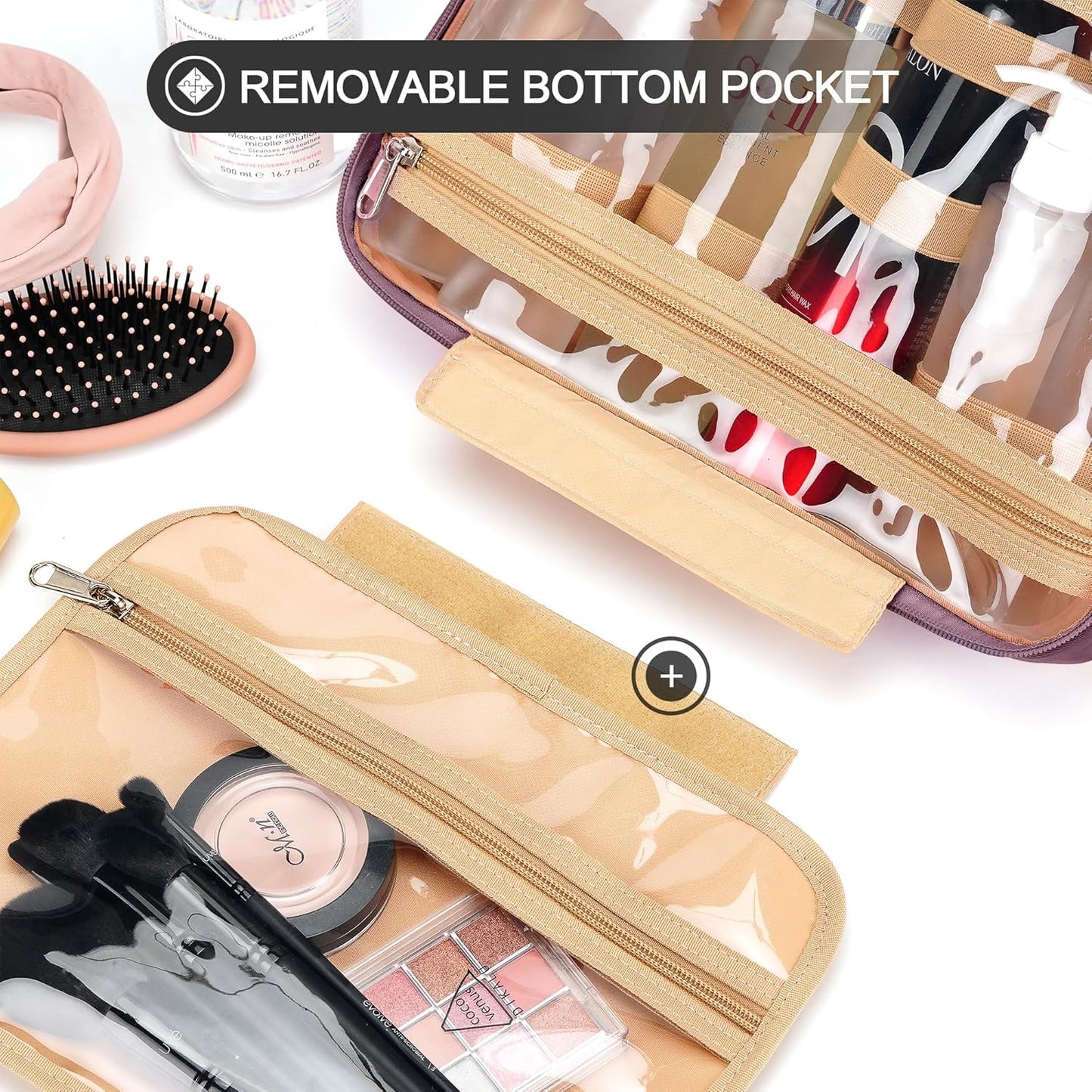 Travel Hanging Toiletry Bag for Women, Large Makeup Bag 8 Leak Proofing Silicone Bottle Covers, Waterproof Cosmetic Bag with Jewelry Organizer Compartment, Toiletries Kit Set, Purple