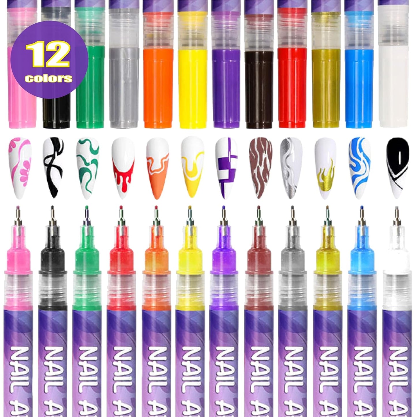 12 Colors Nail Art Pens Set 3D Nail Polish Pens Graffiti Dotting Pen Acrylic Paint Pens Point Liner Pen Drawing Painting for Nails Art Design Manicure Nail DIY Decoration
