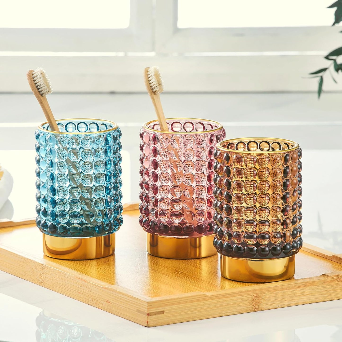 Makeup Brush Holder Organizer,Toothbrush Holders,Desk Pen Pencil Holder,Multifunctional Vintage Glass Brush Cup(A38-9-US/Brown/L)
