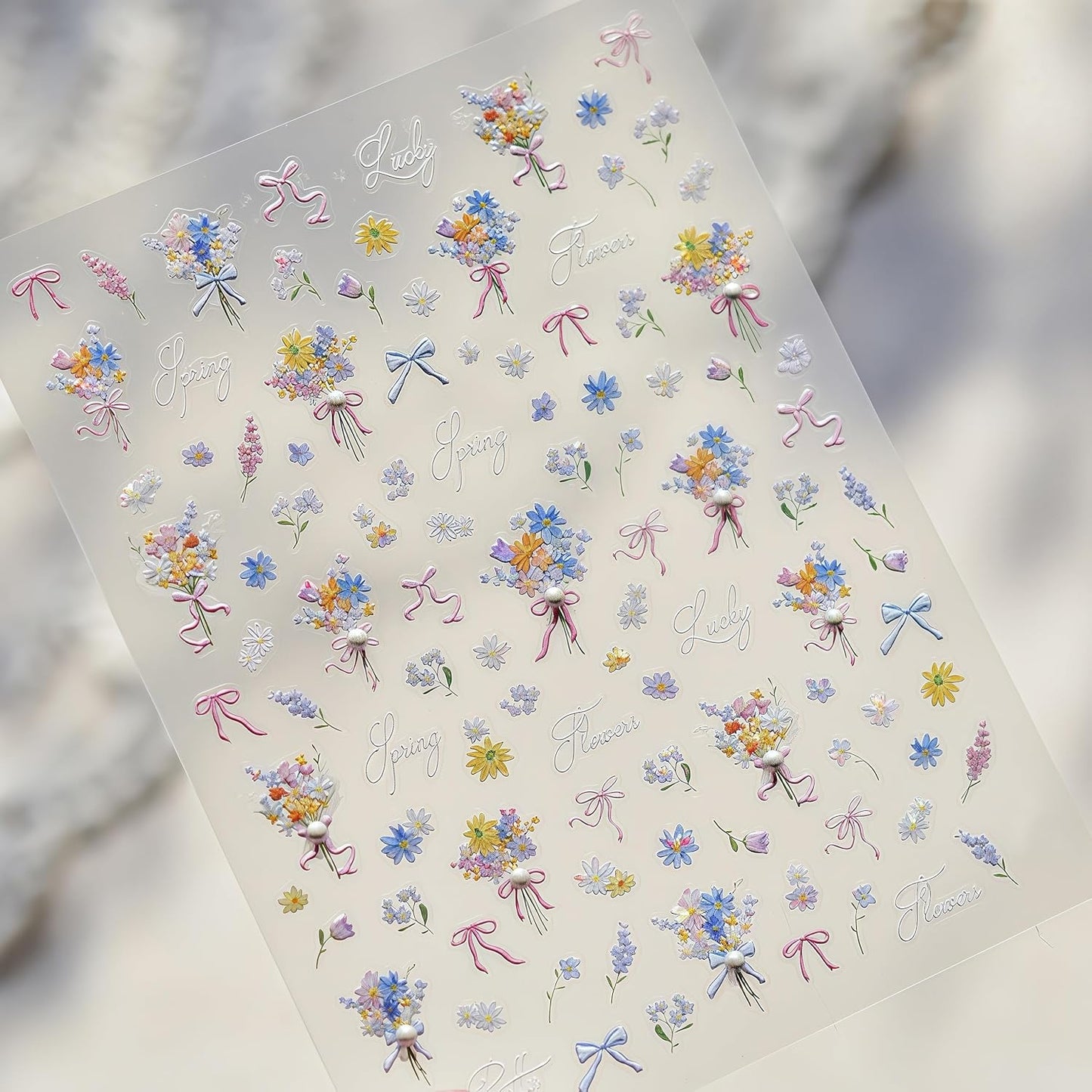 Spring Flowers Nail Stickers 5D Self-Adhesive Embossed Ribbon Bow Floral Pearl Rhinestones Design Decals Spring Romantic Flowers Nail Art Charms for Women DIY Decorations Exquisite Cardboard 1Sheets