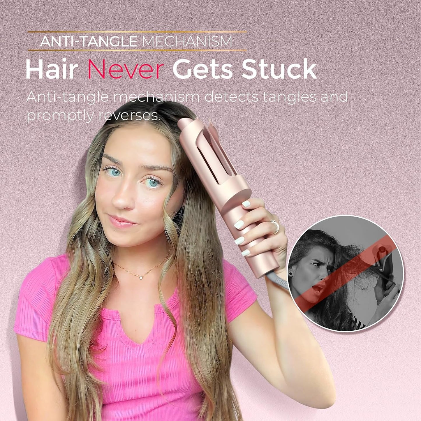 Upgraded Automatic Rotating Curling Iron - TYMO CurlPro Plus Long Barrel Curling Wand for Long Hair, Ceramic Hair Curler for Women, Anti-Scald, Tangle-Free, 600M Ionic, Dual Voltage,Gold Blush, 1 Inch