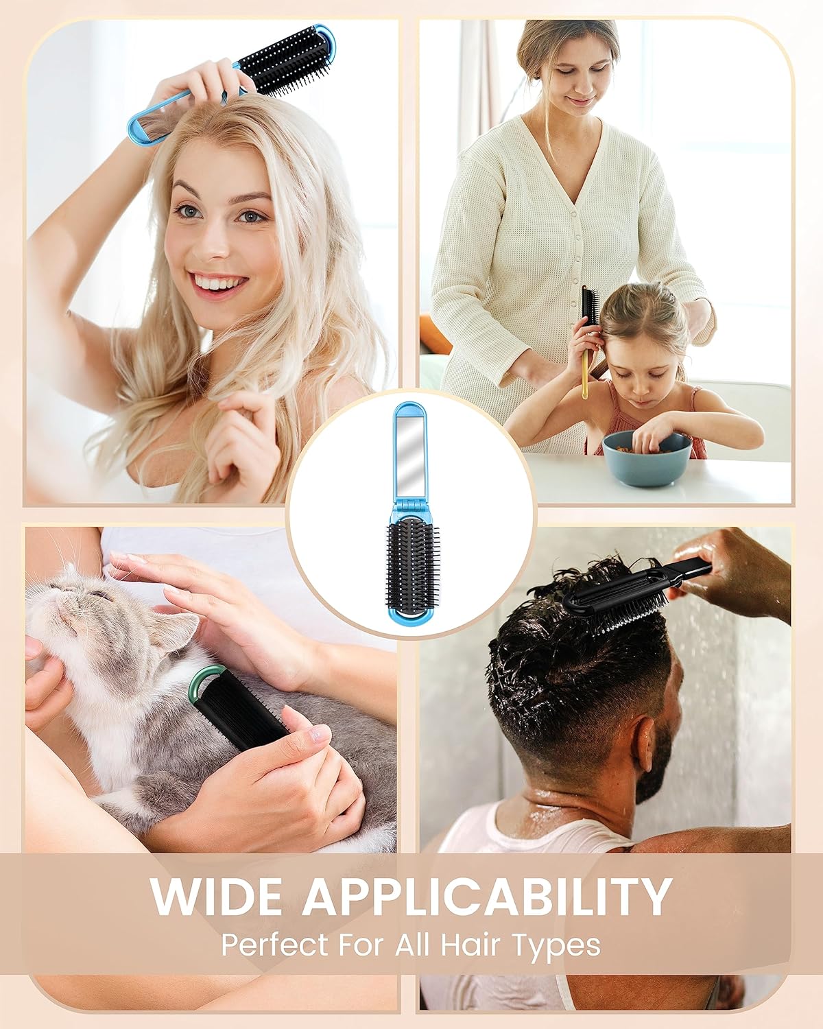 6 PCS Folding Travel Hairbrush Set with Compact Mirror for Women - Mini Pocket Brush with Mirror for Purse and Girls