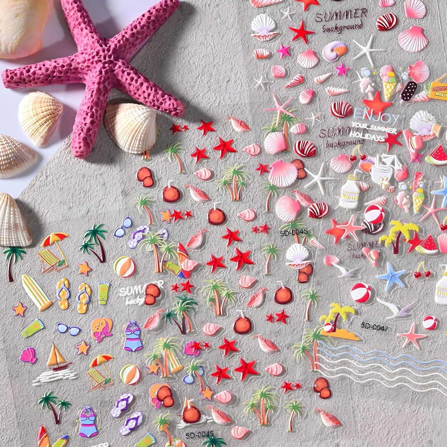 4Sheets Embossed Nail Stickers - Summer Starfish Nail Decals, Ocean Design for Acrylic Nails, Beach Shell Supplies for Women & Girls