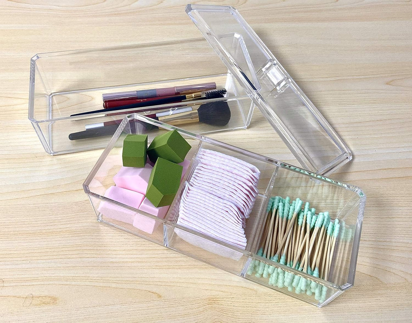 Square Acrylic Cotton Ball Pads Gauze Swab Holder Organizer Q-tip Dispenser Storage Canister Bathroom Container Flossers Box Case (9.3x3.7x5.1 in, 2 Tiers, 4 Partitions, Transparent)