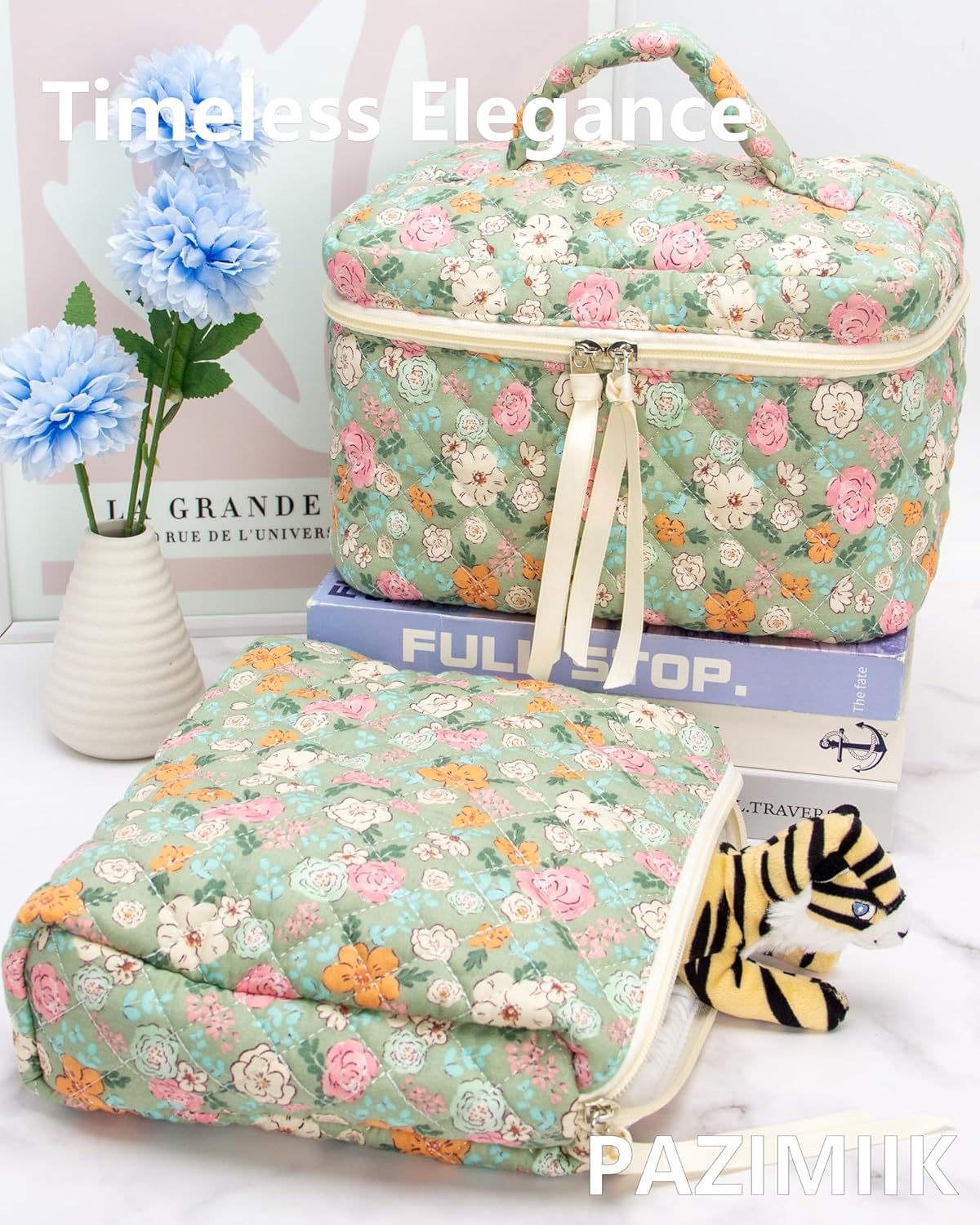 PAZIMIIK Quilted Makeup Bag Large Travel Zipper Soft Cosmetic Pouch for Women Girls Make Up,Green Flower