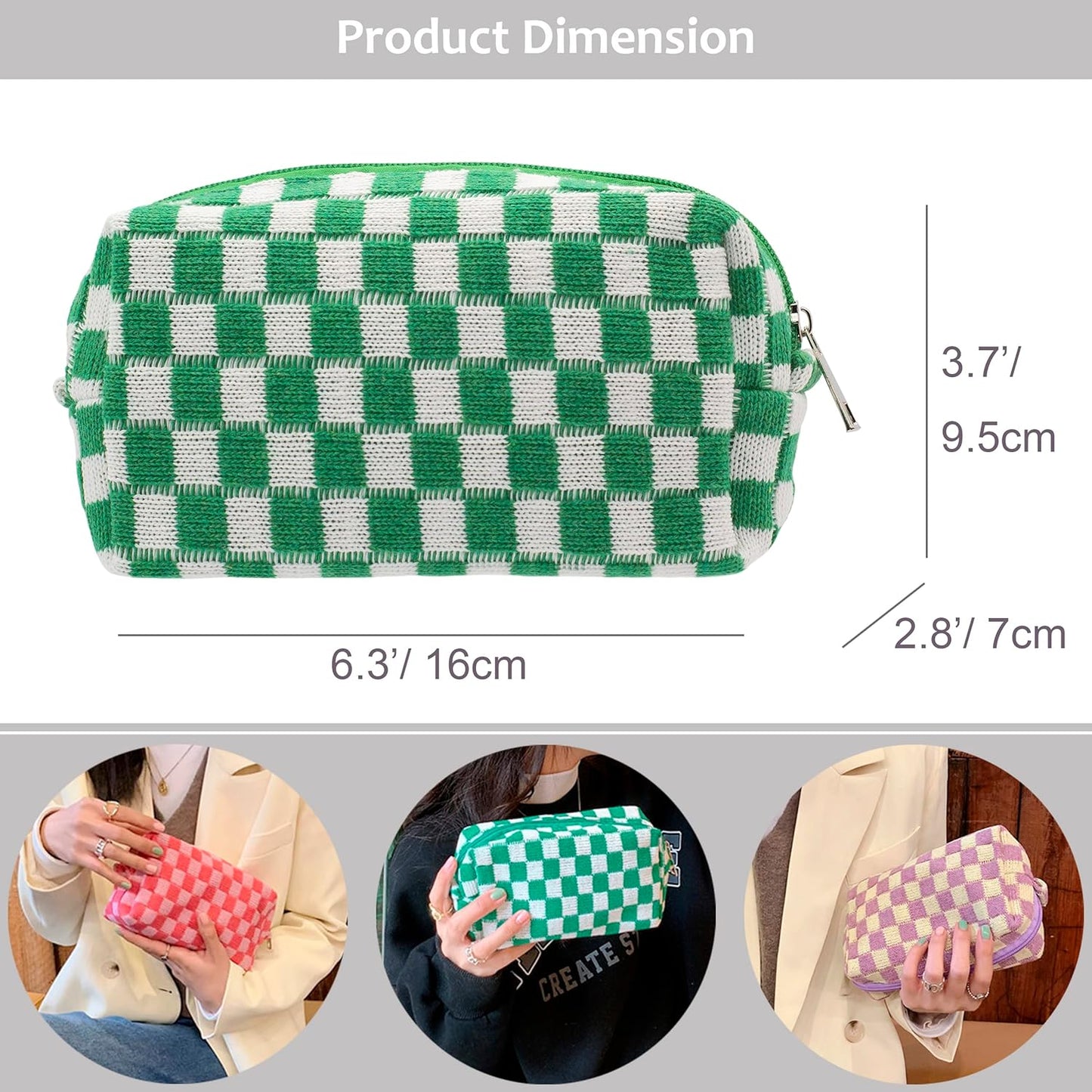 PAZIMIIK Checkered Makeup Bag for Purse Portable Zipper Make Up Pouch Small Cosmetic Case for Travel Accessories (Green)