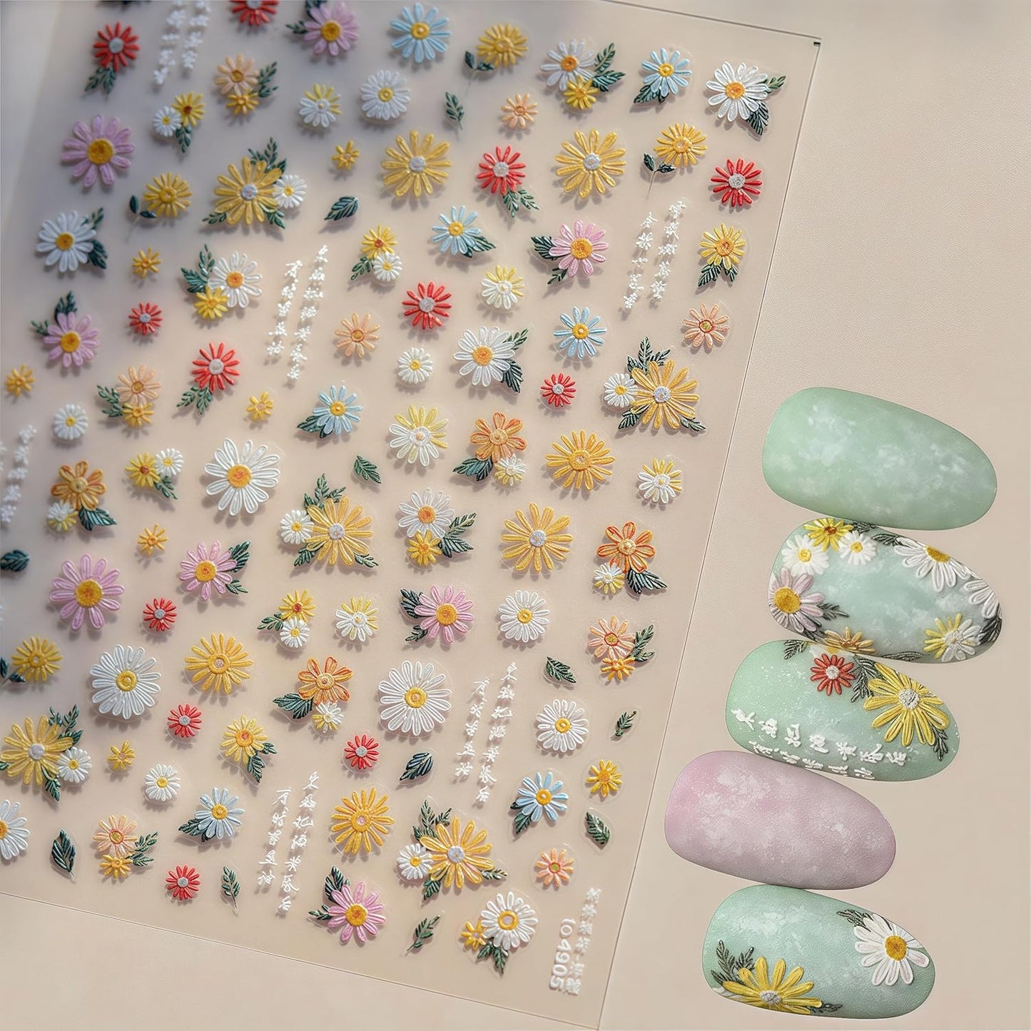 Colorful Flowers Nail Stickers 5D Self-Adhesive Embroidered Daisy Floral Design Decals Spring Daisy Flowers Nail Art Charms for Women DIY Decorations Exquisite Cardboard 1Sheets Set