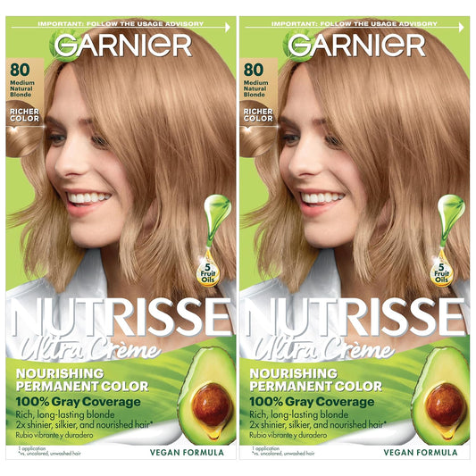 Garnier Hair Color Nutrisse Nourishing Creme, 80 Medium Natural Blonde (Butternut) Permanent Hair Dye, 2 Count (Packaging May Vary)