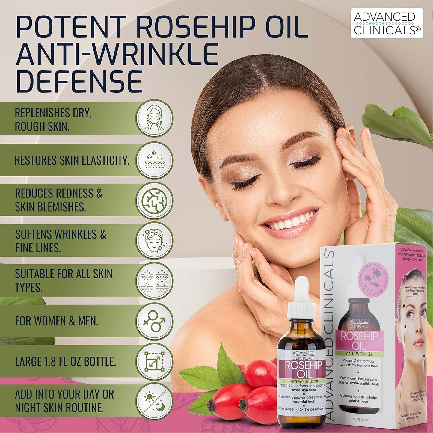 Advanced Clinicals Rosehip Oil For Face | Anti Wrinkle Facial Skin Care Serum | Vitamin C Serum Moisturizer Face Oil W/Vitamin E For Fine Lines, Dark Spots, Uneven Skin Tone, & Sun Damage, 1.8 Fl Oz