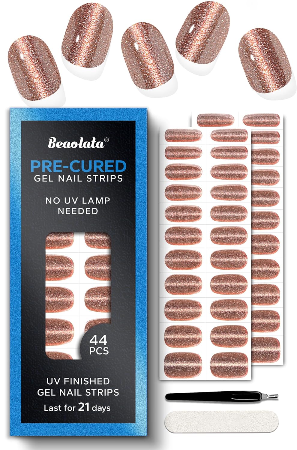 Pre Cured Gel Nail Strips - 44PCS Salon Quality Gel Nail Stickers - Long Lasting Polish Wraps for Women no UV Light Needed Easy Apply& Remove (Solar Gold)