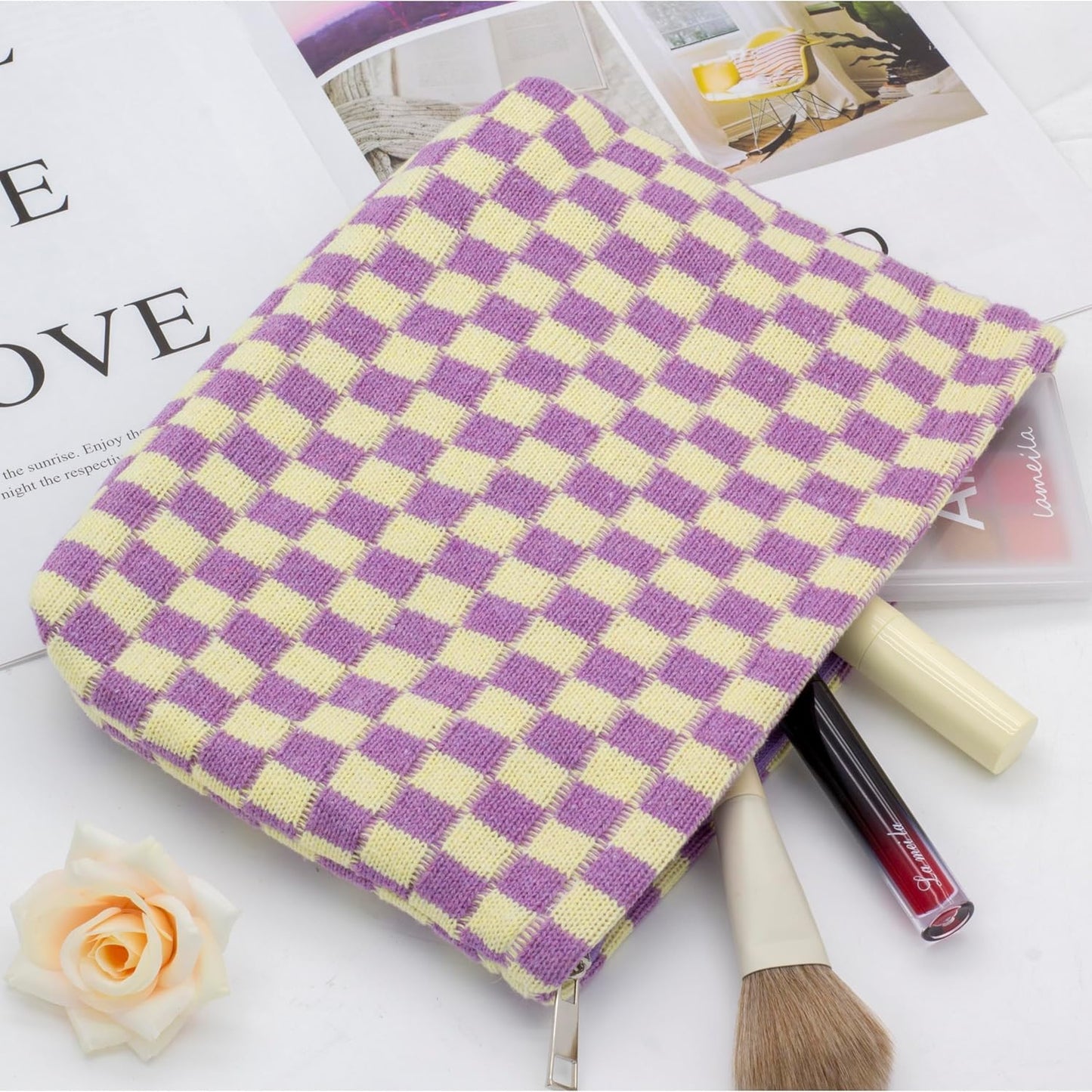 PAZIMIIK Knitted Checkered Makeup Bag Large Zipper Make Up Accessory Pouch for Purse Cosmetic Brush Bag for Travel Essential,Purple