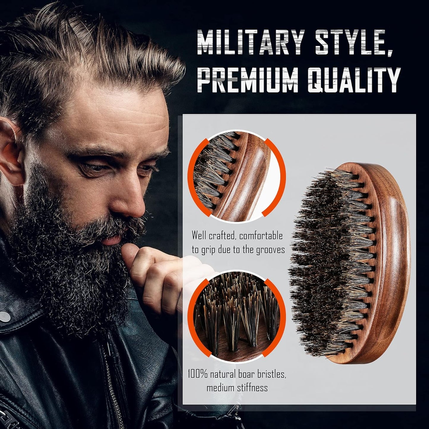 BFWood Boar Bristle Beard Brush - Black Wood Walnut Military Style, Men's Wooden Mustache Brush