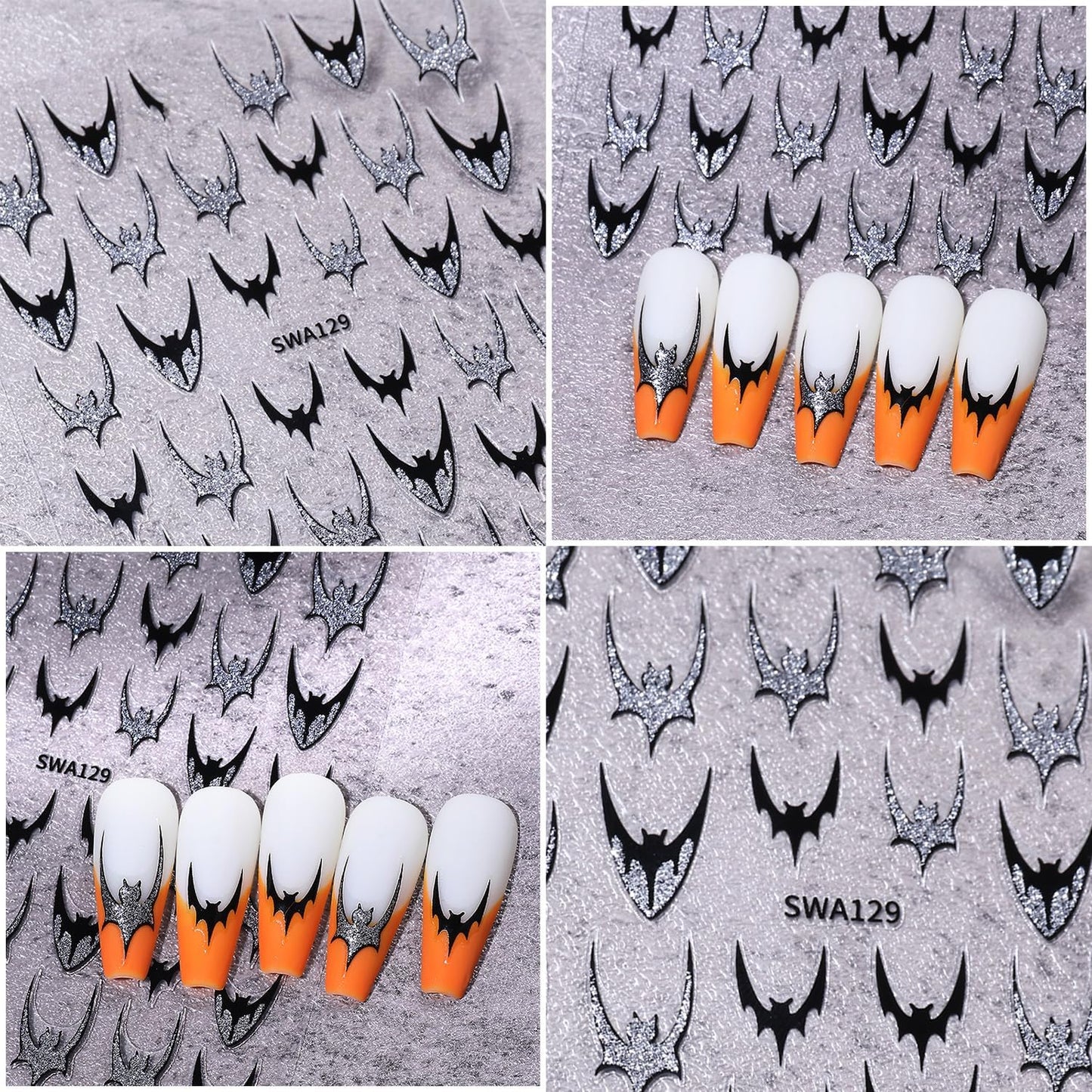 6 Sheets Halloween Nail Stickers for Nail Art Gold Glitter Bat Nail Art Stickers 3D Self-Adhesive Holiday Nail Decals Silver Bat Nail Design Sticker for Women Halloween Manicure Decoration