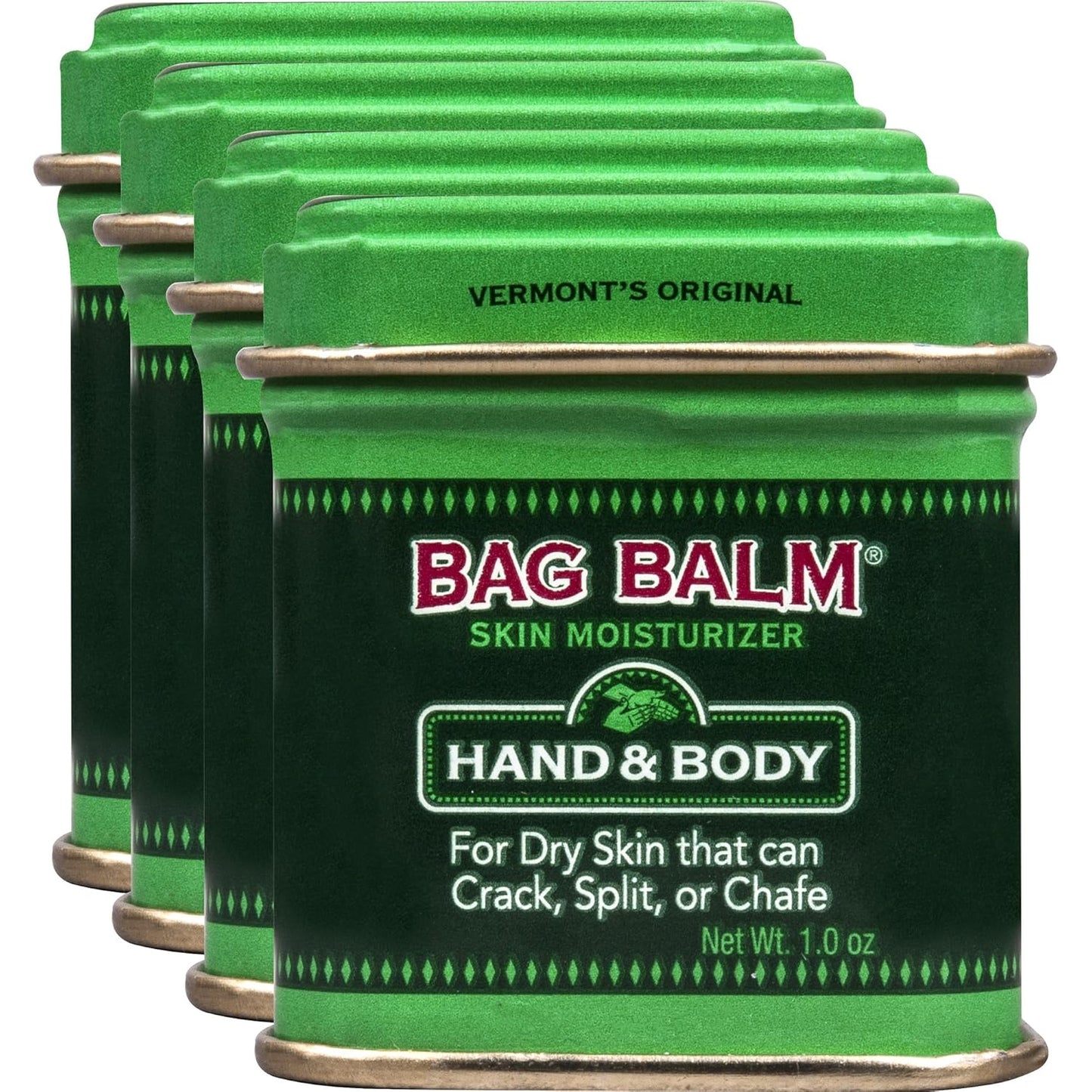 Bag Balm Vermont's Original Ointment, 1 Ounce Tin (Pack of 4), Moisturizing Ointment for Dry Skin that can Crack Split or Chafe on Hands Feet Elbows Knees Shoulders and More