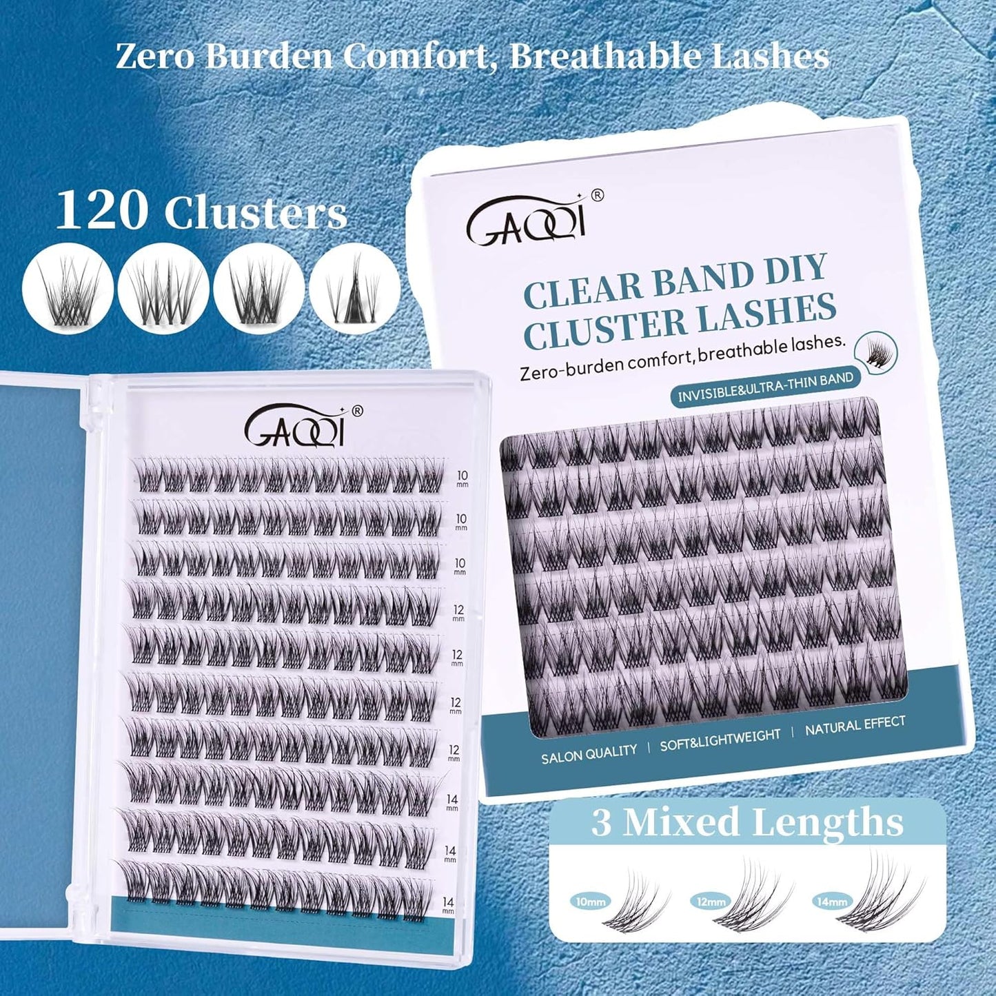 GAQQI Lash Clusters Wispy & Natural Eyelash Clusters Clear Band, 10-14mm Cluster Lashes 120PCS, Cluster Eyelash Extensions C Curl, Cluster Lashes Ultra-thin & Soft Invisivle Band (FEATHER)