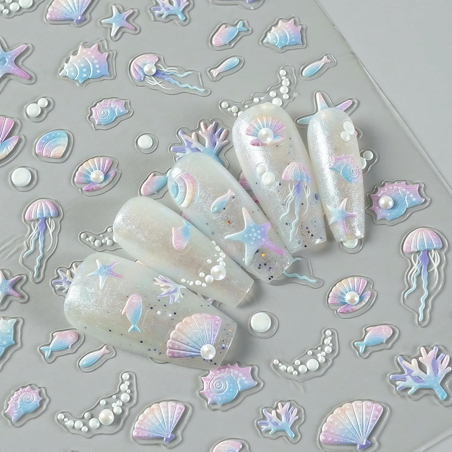 1 Sheets Embossed Shell Starfish Nail Art Stickers 5D Self Adhesive Summer Marine Life Fishtail Pearl Decals for Women Girls Manicure DIY Decorations Exquisite Cardboard Set