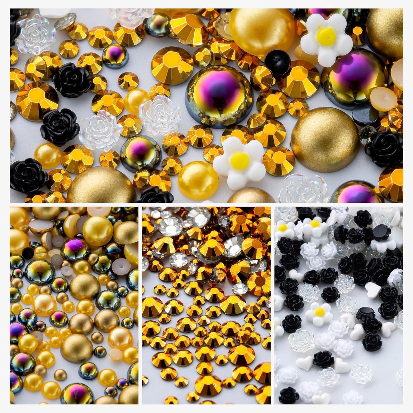 160g Gold Flat Back Pearls Rhinestones for Crafts Mixed Size 3mm-10mm AB Color Round Half Pearls Flatback Pearl Beads and Resin Rhinestones Set for Face Art