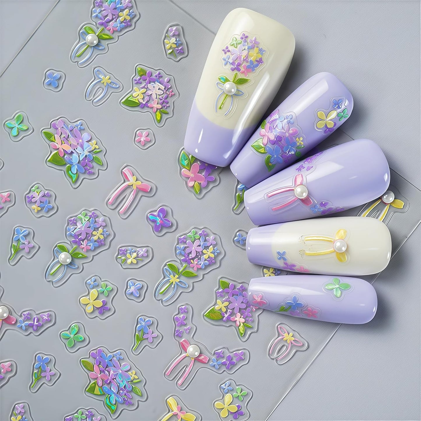Flower Shell Light Nail Stickers 5D Embossed Self-Adhesive Floral Pearl Crystal Diamond Design Decals Spring Summer Daisy Nail Art Charms for Women DIY Decorations Exquisite Cardboard 1Sheets Set